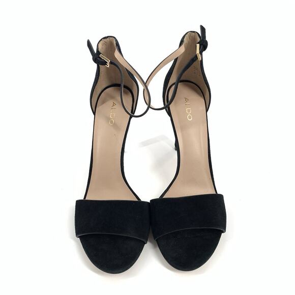 Aldo Faux Suede Peep Toe Ankle Strip Stiletto High Heels 9 Womens Black Sandals - Picture 2 of 8
